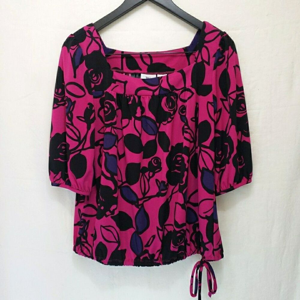 Worthington Womens Top SIze S Short Sleeve Black Pink Elastic Waist w/Tie